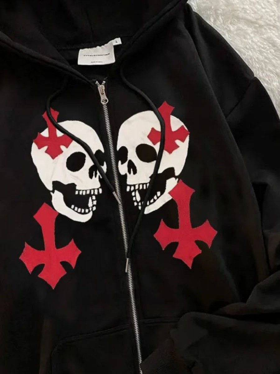 * Skull & Cross Printed Loose Zip Up Jacket | Jackets & Coats