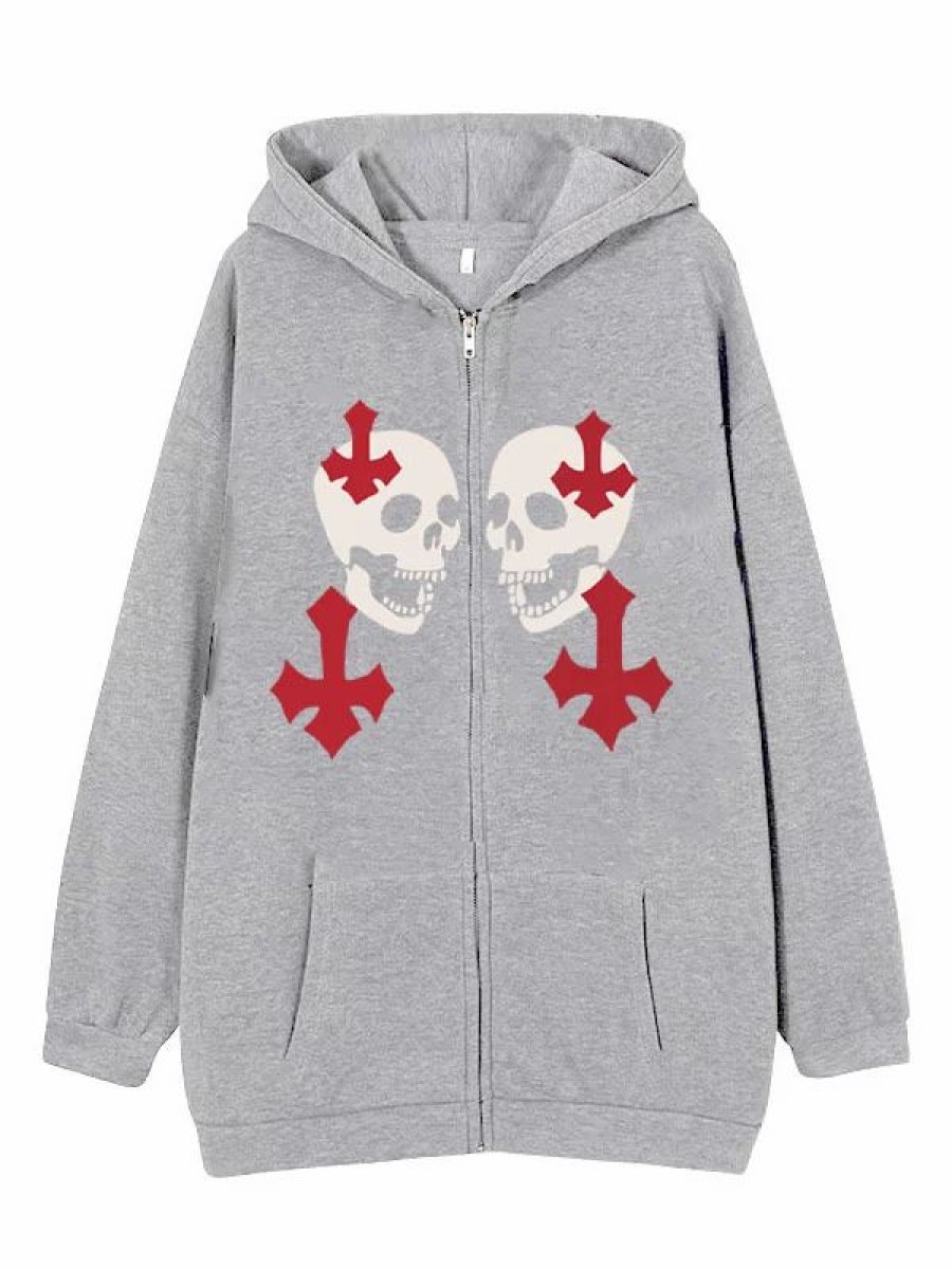 * Skull & Cross Printed Loose Zip Up Jacket | Jackets & Coats