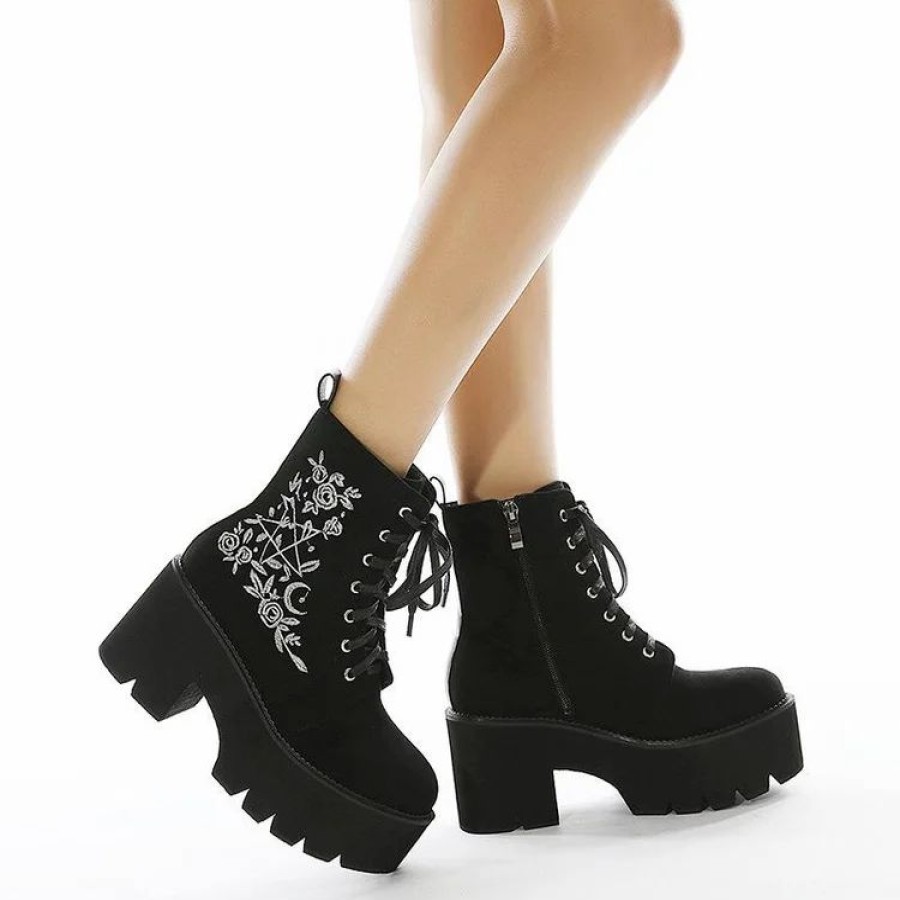 * Embroidery Flower Platform Boots | Boots