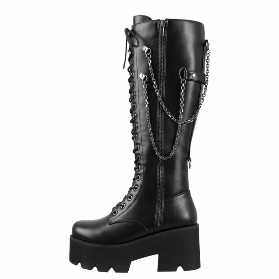 * Motor Girl Knight'S Style Chain-Trimmed Round Toe Platform Knee High Boots | Boots