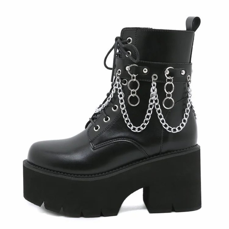 * Statement Lace Up Rivets Strap With Chains Decoration Side Zipper Platform Boots | Boots