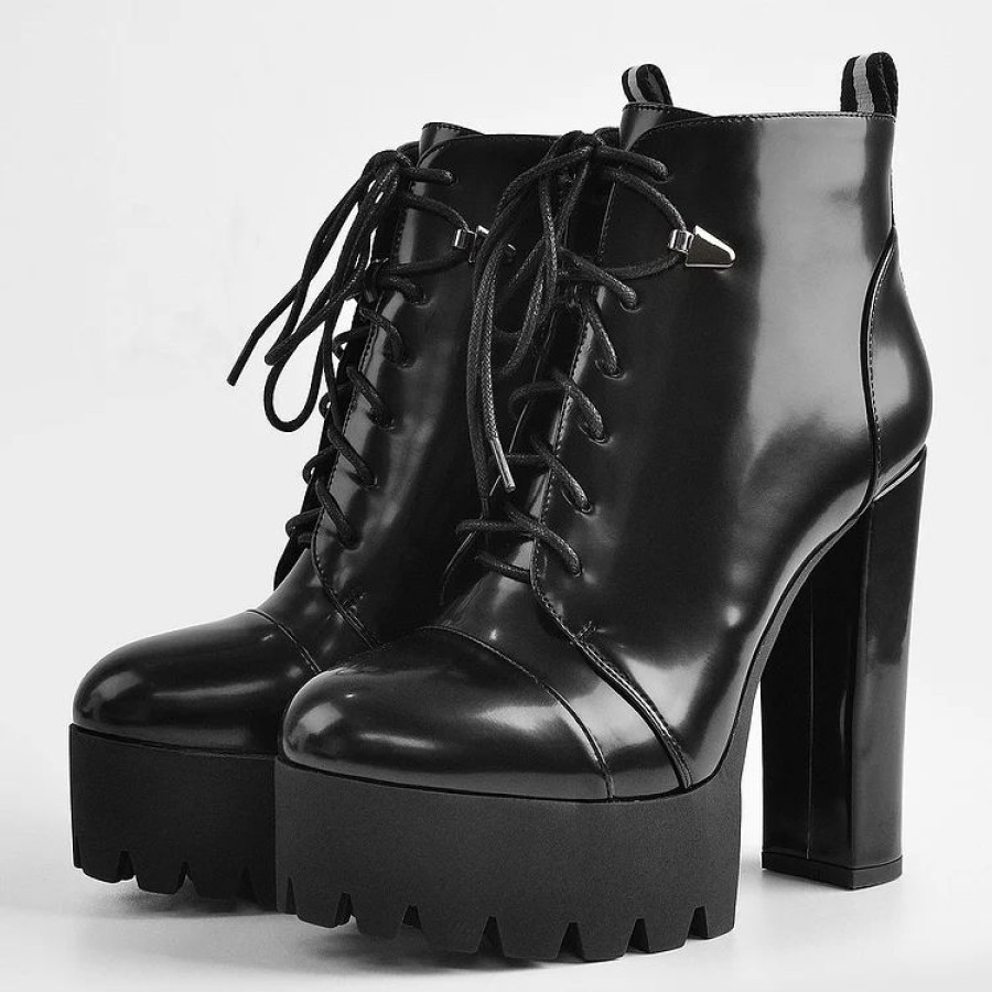 * Goth Lace Up Chunky Heel Pu Ankle Booties | Boots