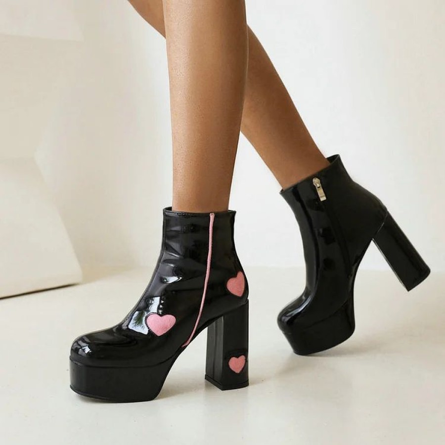 * Patent Leather Fla Medium Heels Boots | Boots