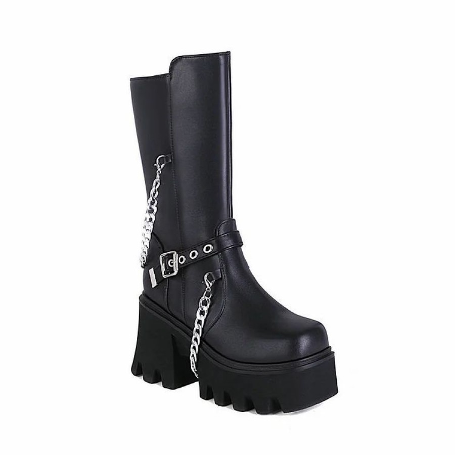 * Trendy Solid Color Buckle Strap Chains Decoration Platform Boots | Boots