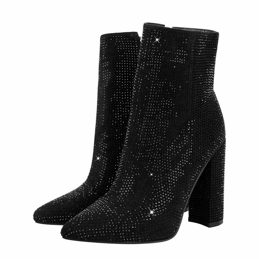 * Shiny Girl Rhinestone Decoration Pointed Toe Chunky Heel Boots | Boots