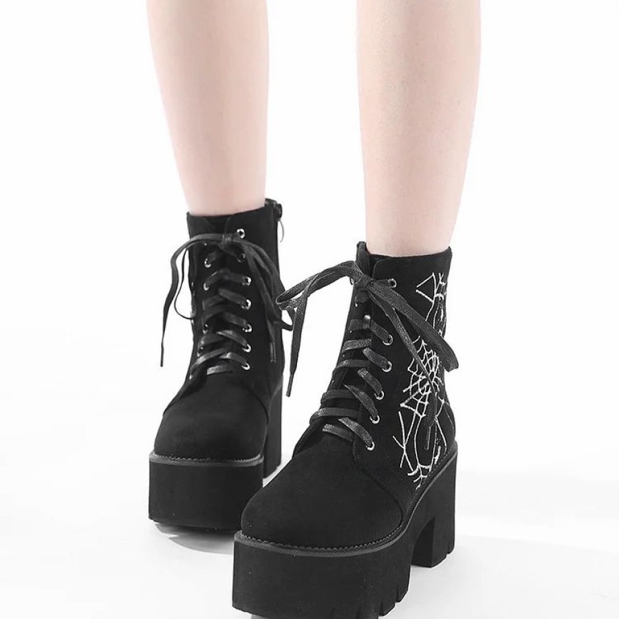 * Embroidery Spider Net Platform Boots | Boots