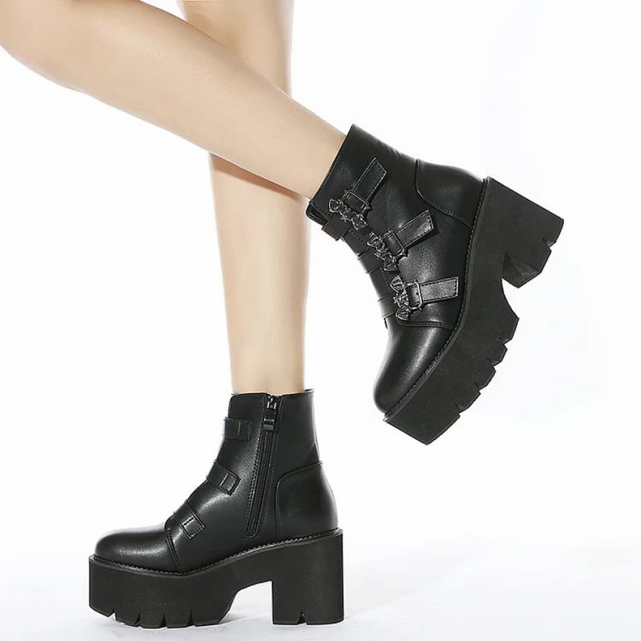 * Platform Buckles Zipper Chunky Heels Pu Ankle Booties | Boots