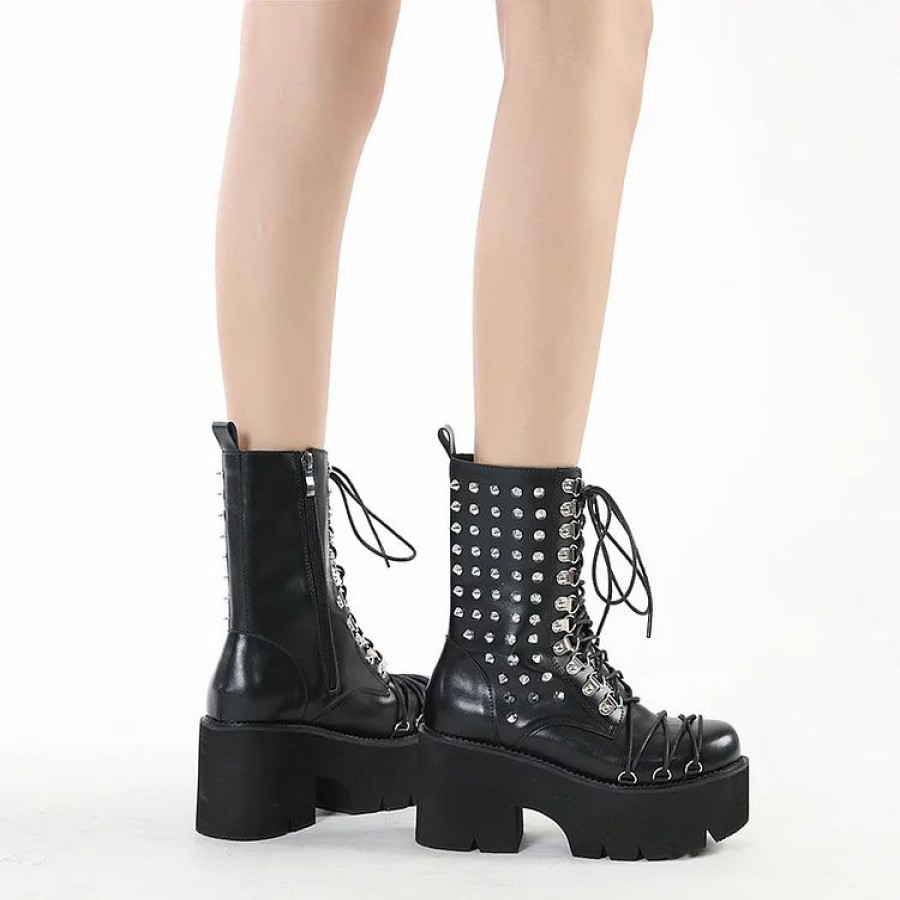 * Trendy Lace Up Round Toe Rivets Side Zipper Platform Boots | Boots