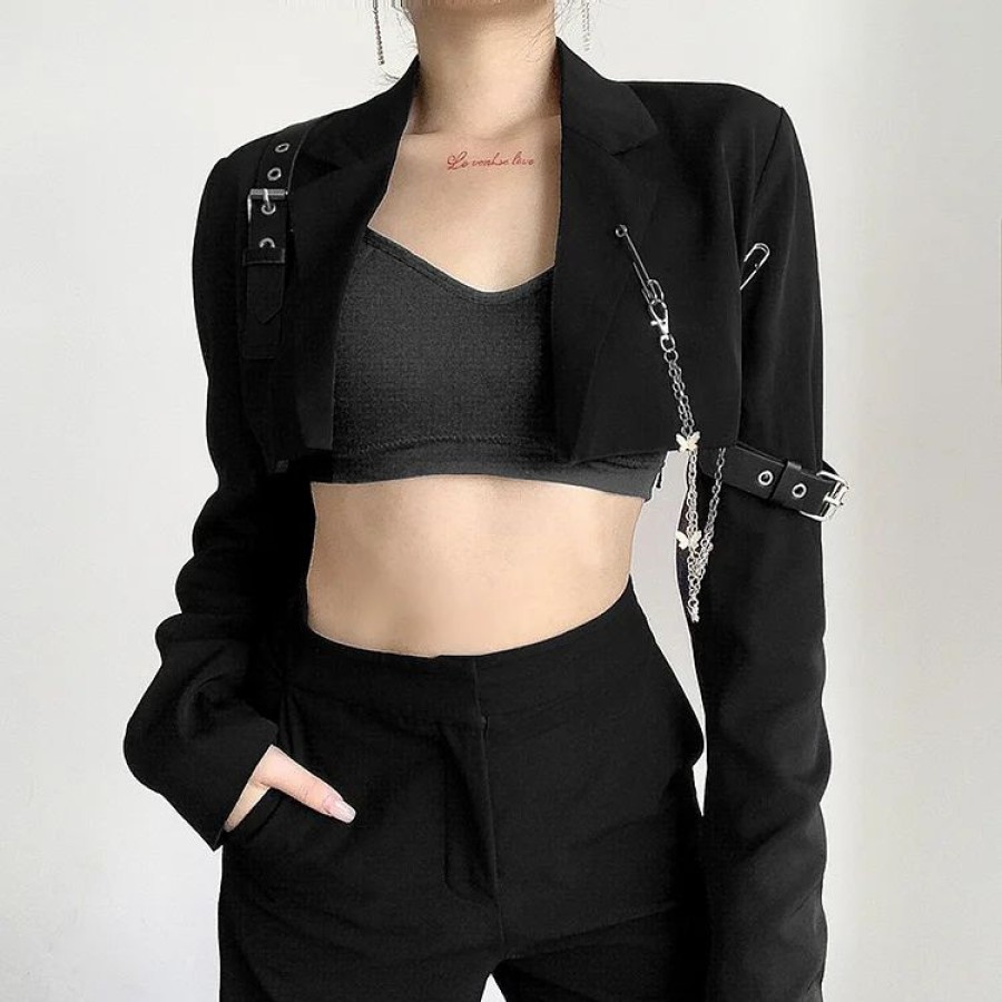 * Dark Chic Chain-Trimmed Buckle Straps Crop Blazer | Jackets & Coats