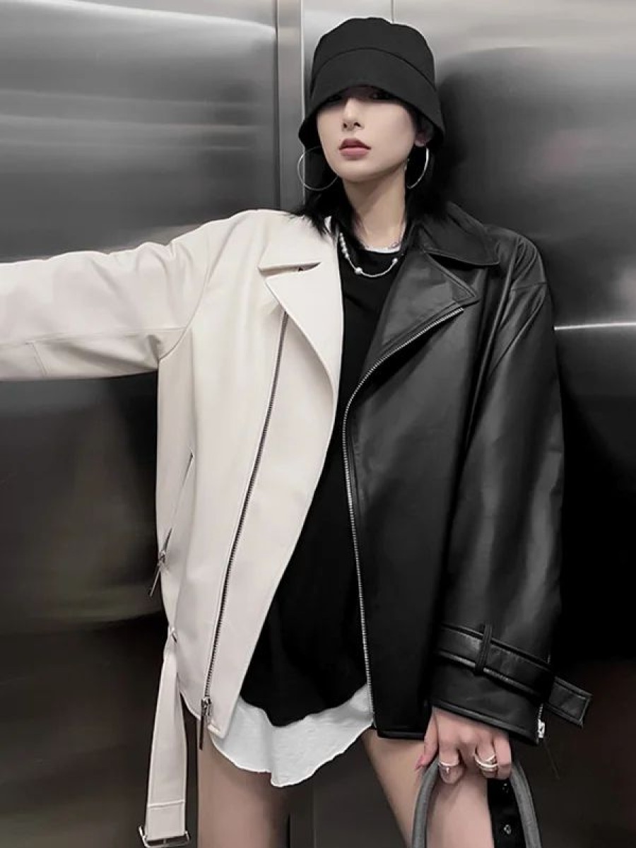 * Gothic Dark Motor Style Paneled Color-Block Loose Pu Jacket | Jackets & Coats