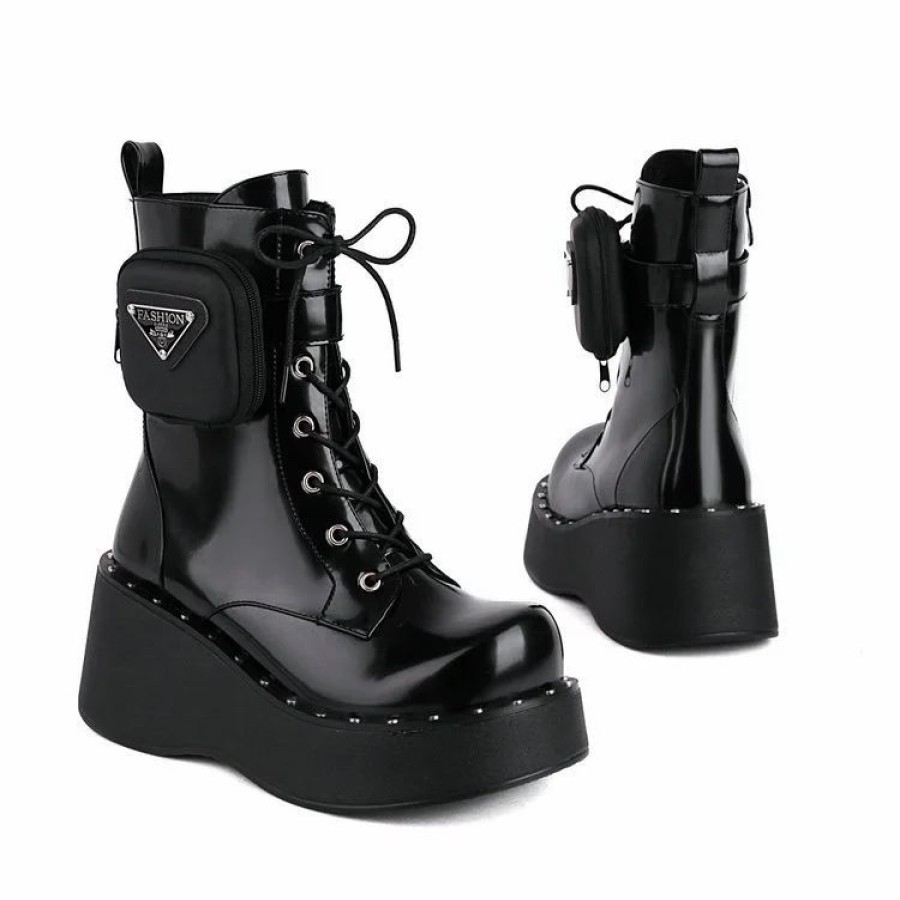 * Statement Pockets Lace Up Rivets Zipper Platform Velvet Boots | Boots