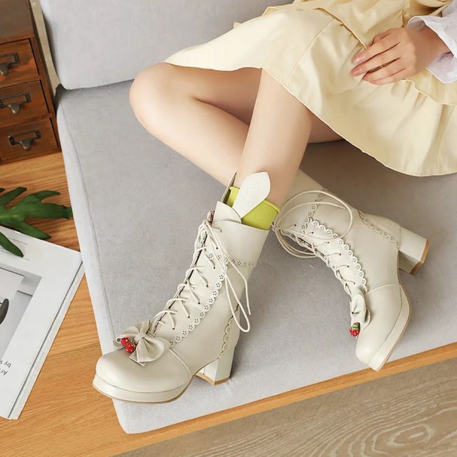 * Lolita Girl Bunny Bowknots Lace Up Chunky Heel Martin Boots | Boots