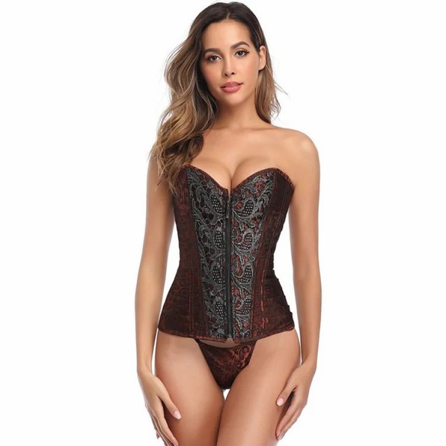 * Vintage Floral Jacquard Embroidered Front Zipper Girdle Corset | Corsets & Lingeries