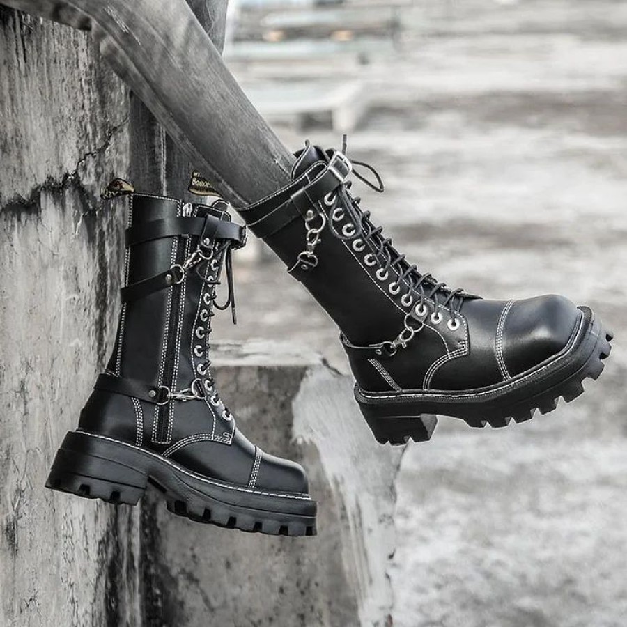 * British Style Square Toe Mid Calf Side Zipper Chunky Heel Martin Boots | Boots