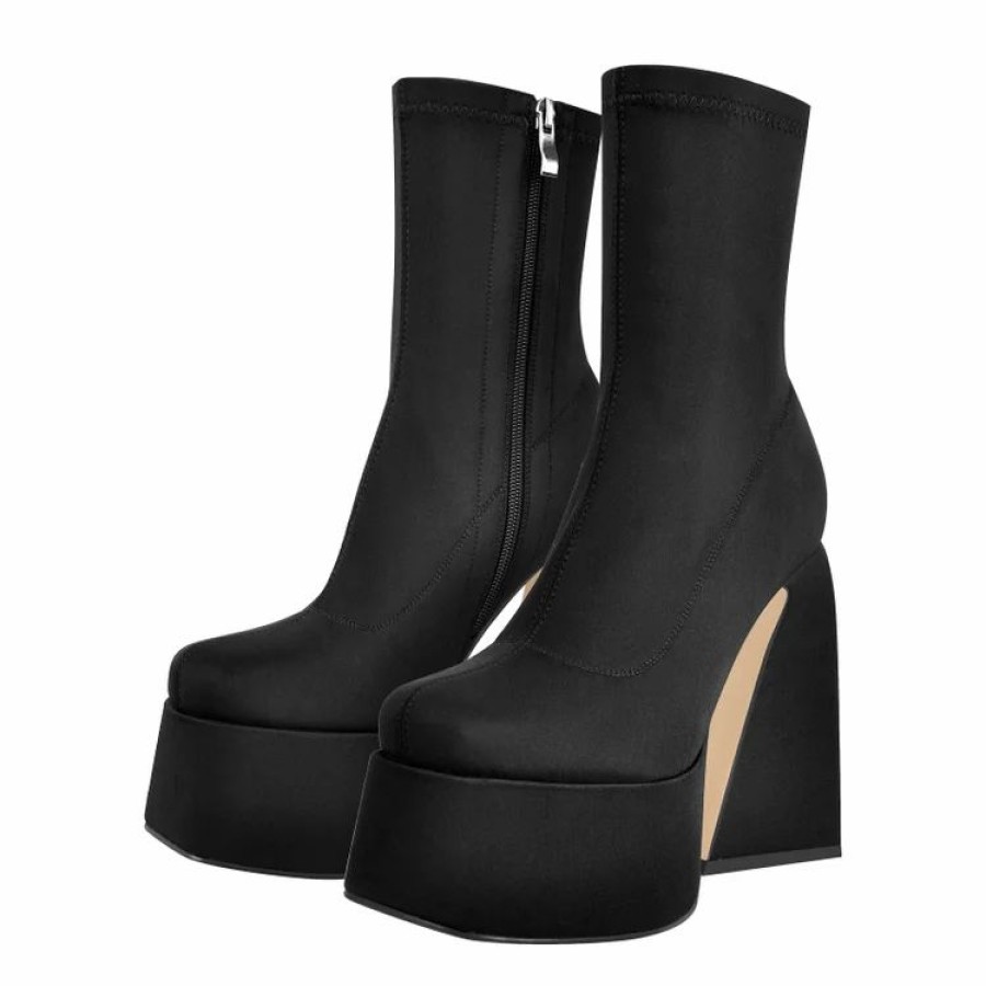 * Trendy Solid Color Stitching Paneled Square Toe High Chunky Heel Boots | Boots