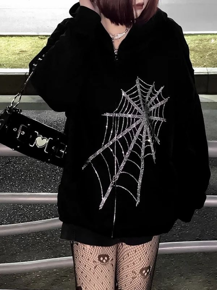 * Dark Goth Statement Solid Color Spider Net Rhinestone Long Sleeve Loose Zip Up Jacket | Jackets & Coats