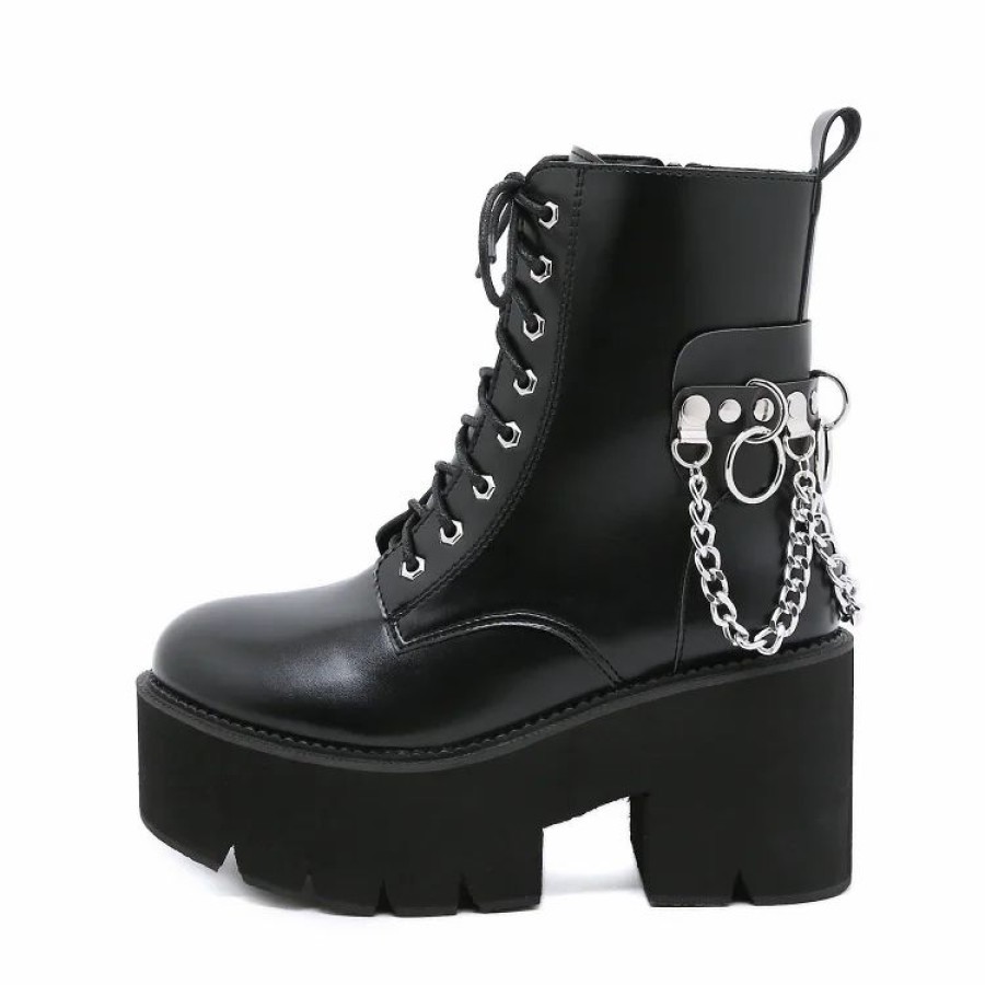 * Street Fashion Round Toe Chain Decoration Lace Up Zipper Platform Boots | Boots