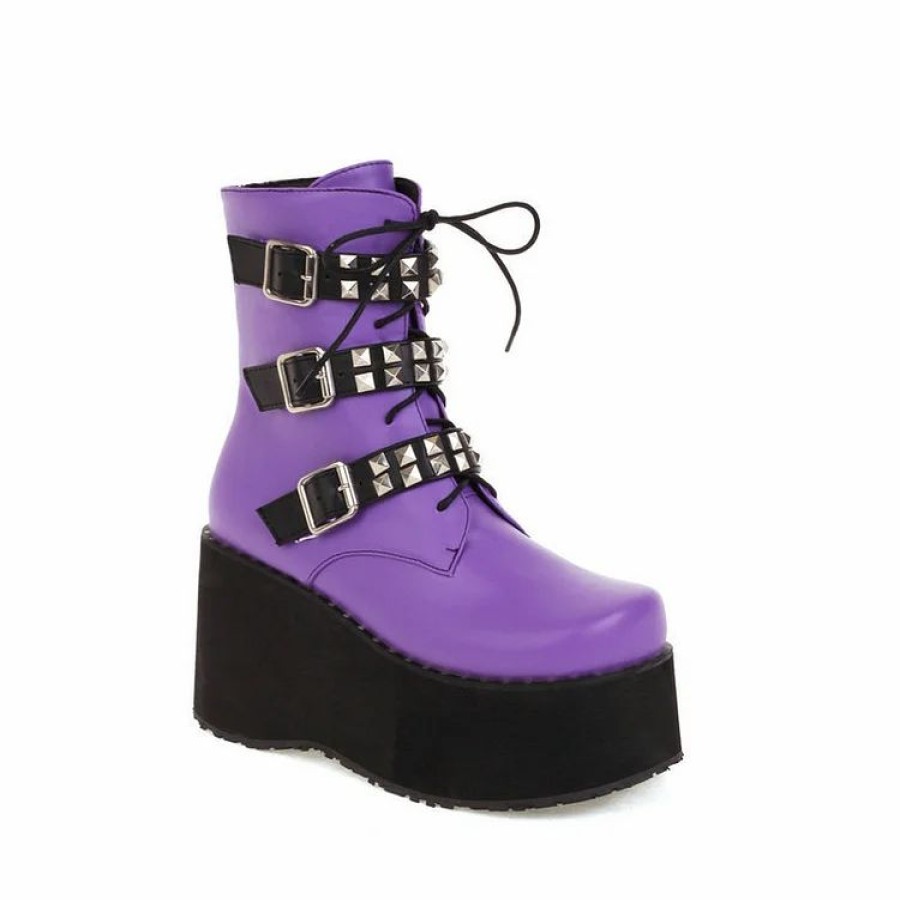 * Punk Buckle Strap Platform Lace Up Rivet Boots | Boots