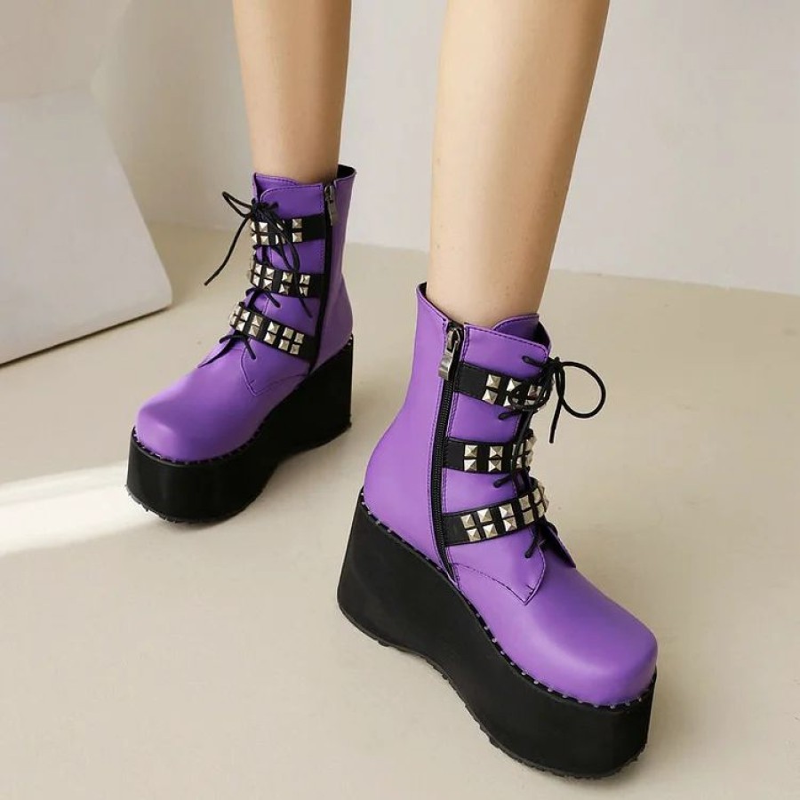 * Punk Buckle Strap Platform Lace Up Rivet Boots | Boots