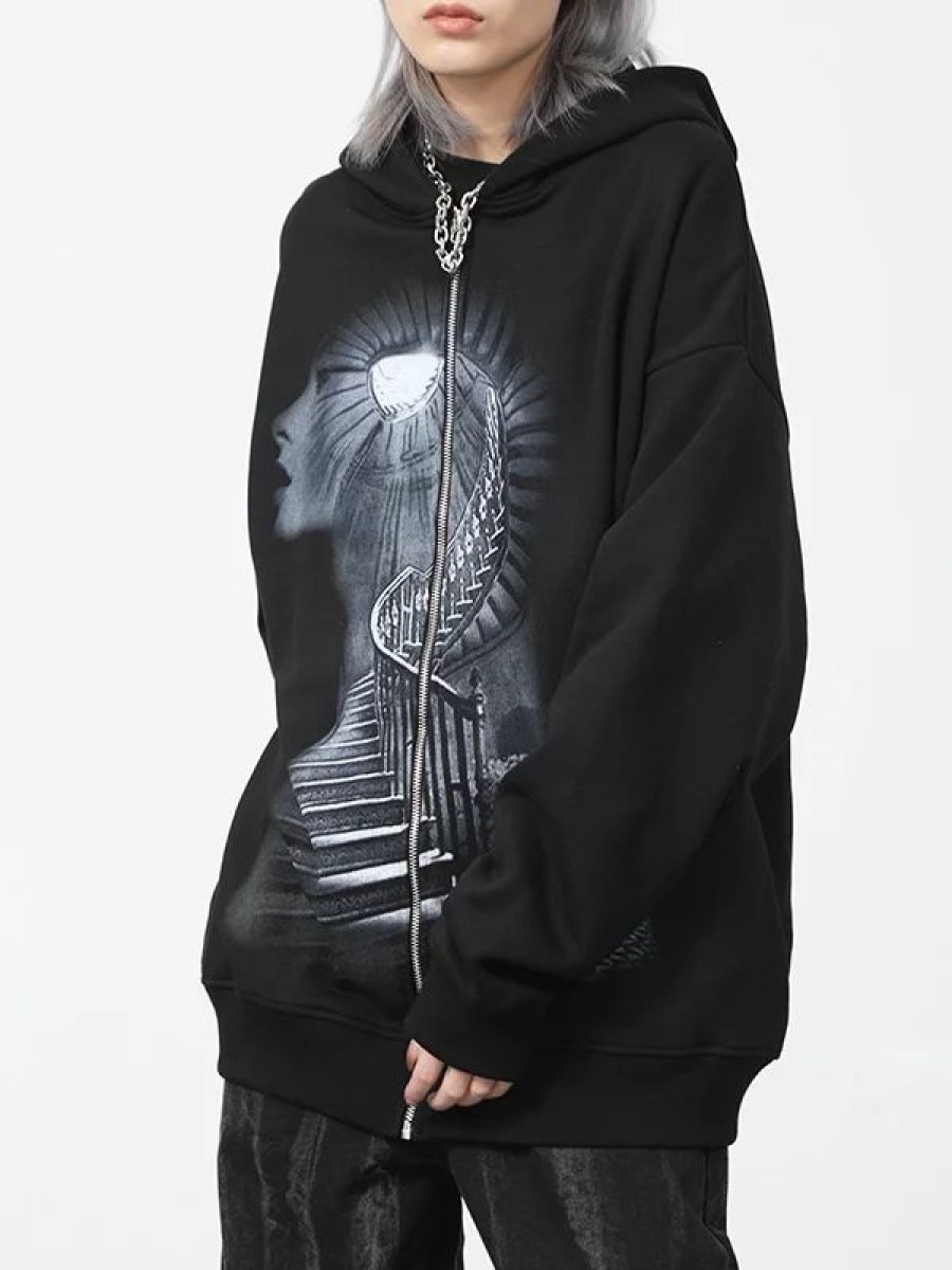 * Gothic Dark Graphic Printed Color Block Hooded Zip Up Jacket | Jackets & Coats