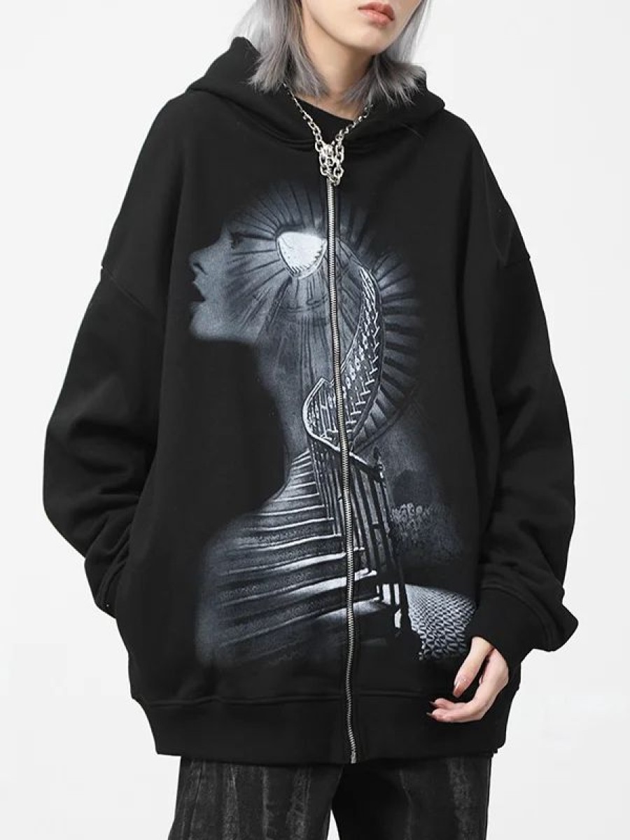 * Gothic Dark Graphic Printed Color Block Hooded Zip Up Jacket | Jackets & Coats