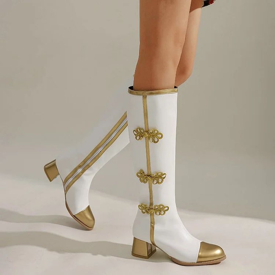 * New Color Block Buckle Frogs Side Zipper Chunky Heel Knee High Boots | Boots