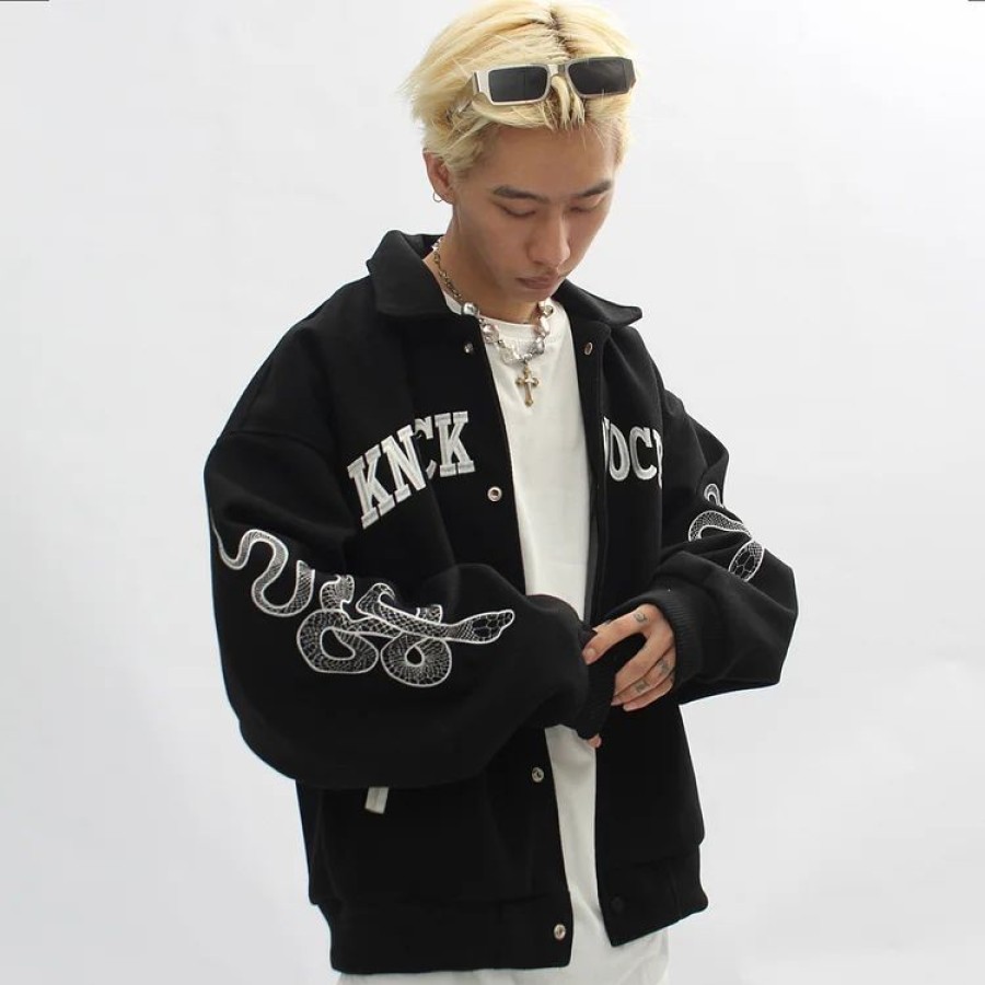 * Steanpunk Letter Embroidered & Skull Patched Buttoned Baseball Jacket | Jackets & Coats