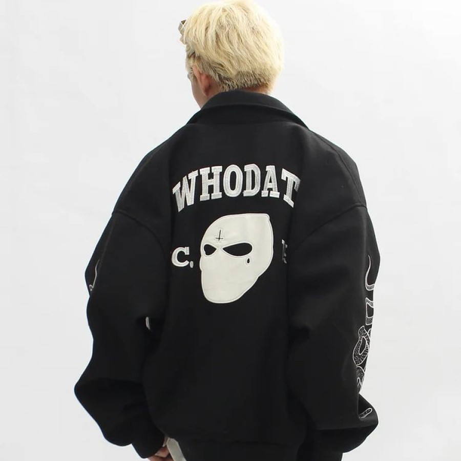 * Steanpunk Letter Embroidered & Skull Patched Buttoned Baseball Jacket | Jackets & Coats