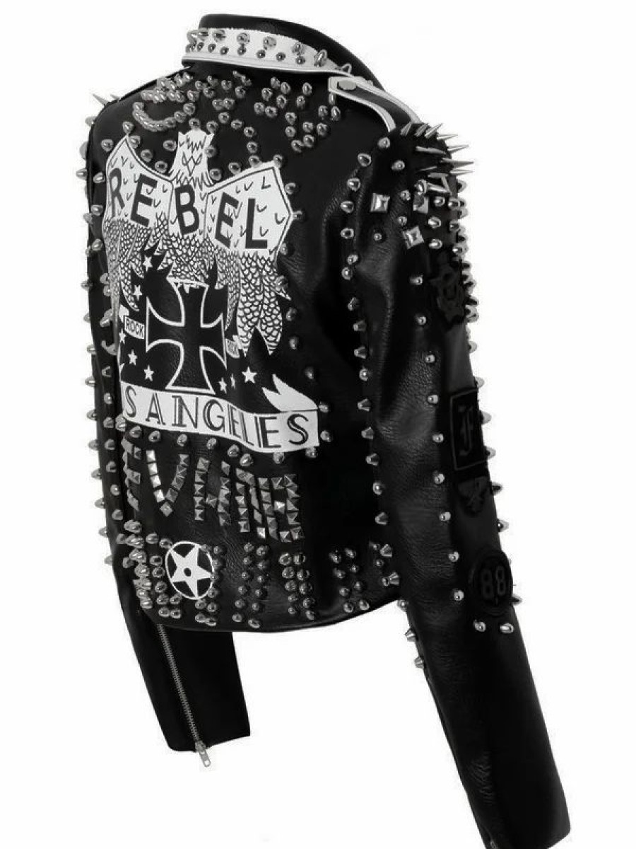 * Dark Goth Rocky Punk Rivet Spike Scrawl Motorcycle Jacket | Jackets & Coats