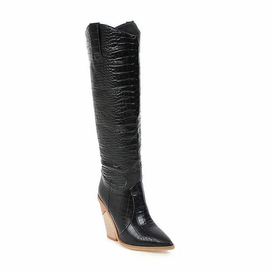 * Leisure Leather Pointed Toe Wooden Chunky Heel Cowboy Boots | Boots