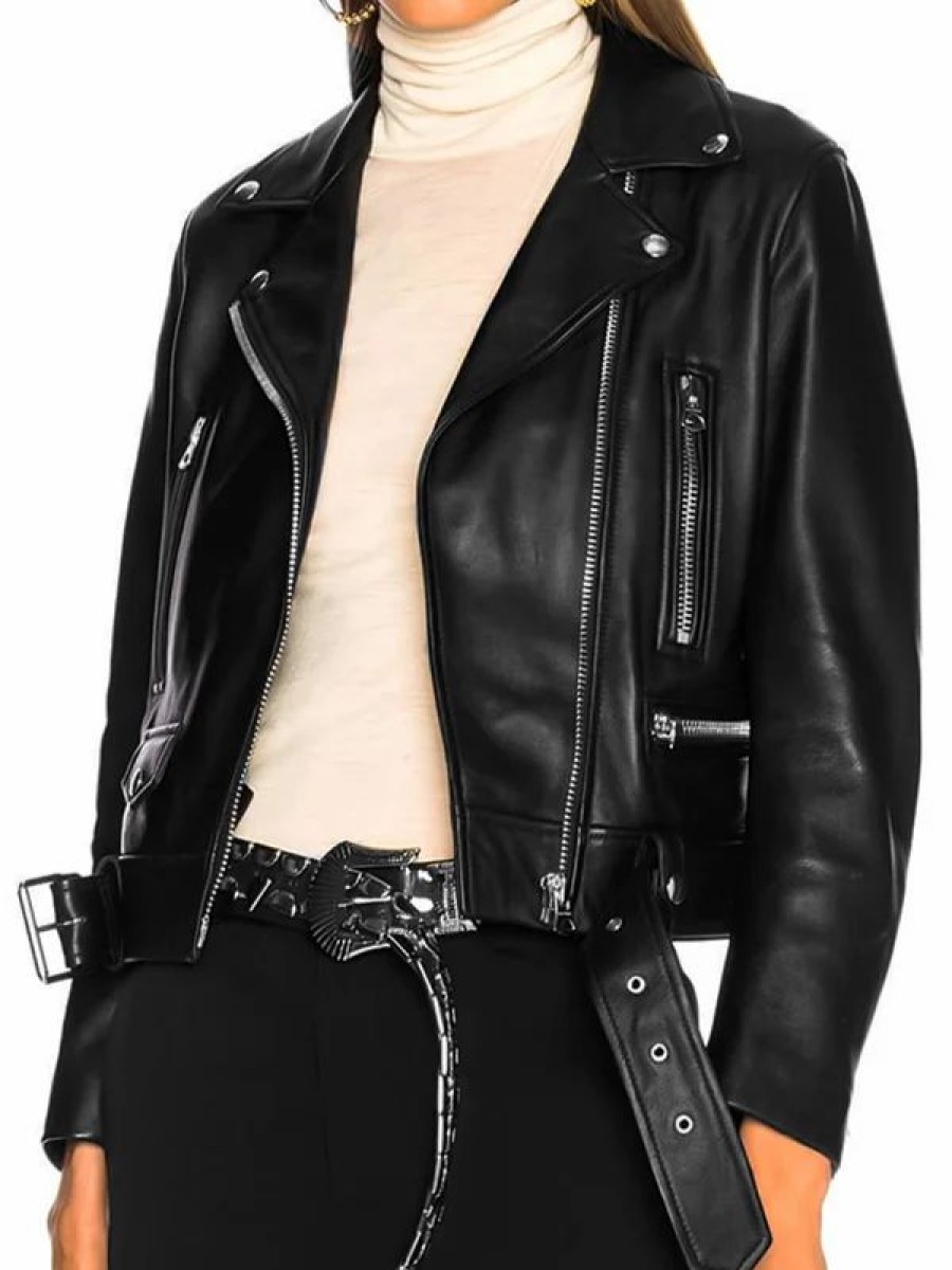 * Motor Cool Shawl Collar Belt Buttoned Basic Pu Leather Jacket | Jackets & Coats