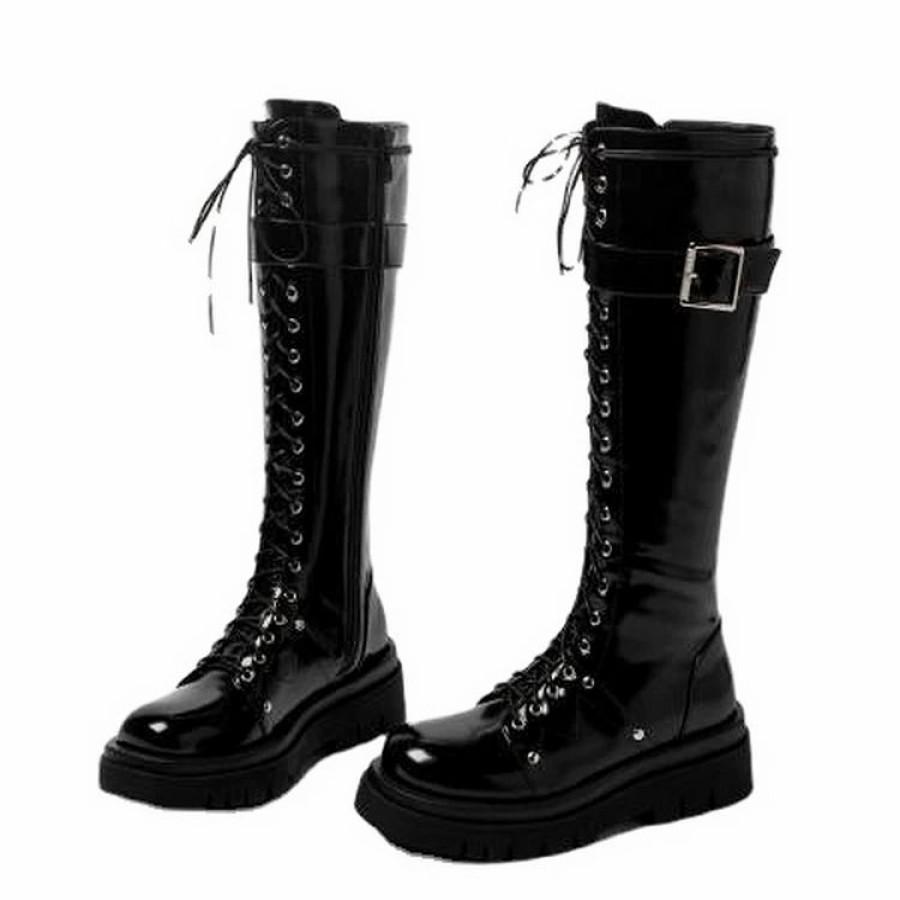 * Punk Round Toe Platform Lace Up Belt Buckle Boots | Boots