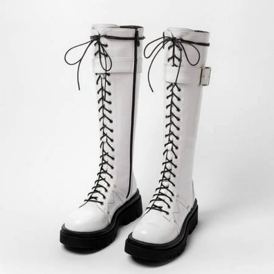 * Punk Round Toe Platform Lace Up Belt Buckle Boots | Boots