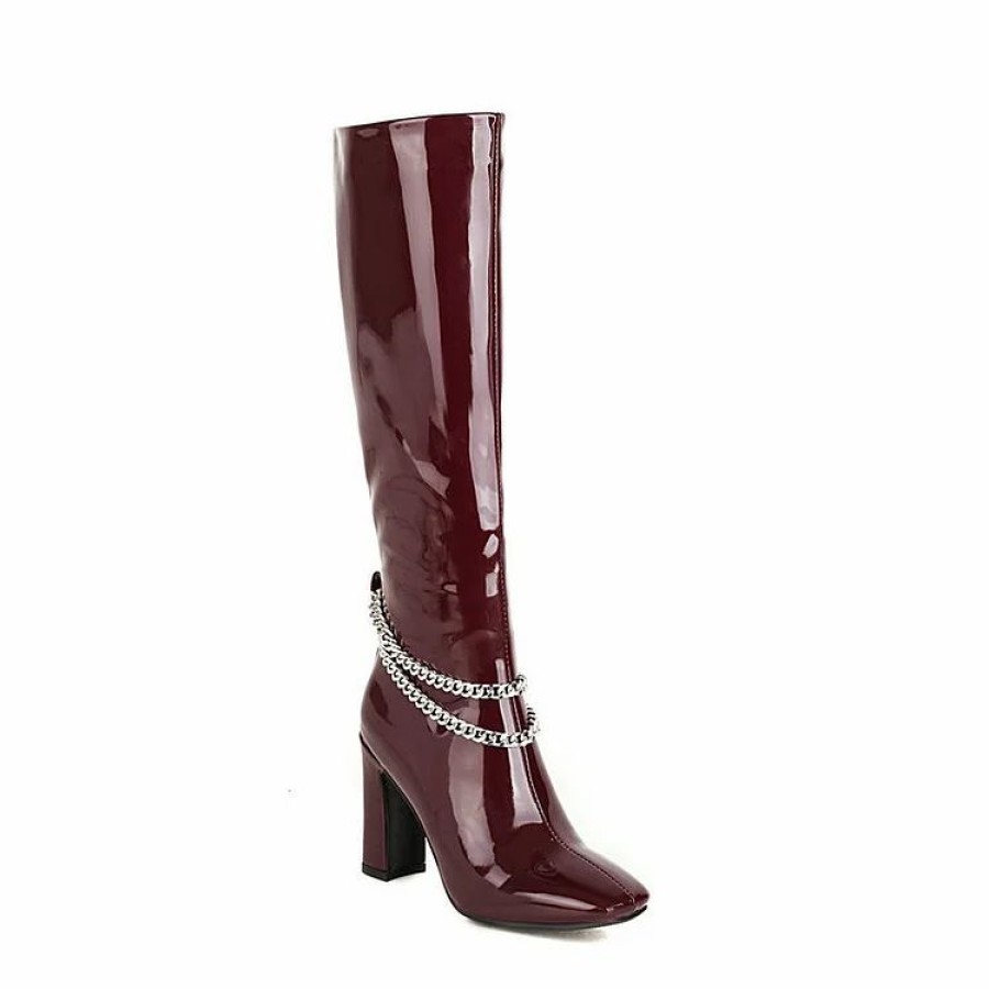 * Statement Square Toe Laye Chain Chunky Heel Knee High Boots | Boots