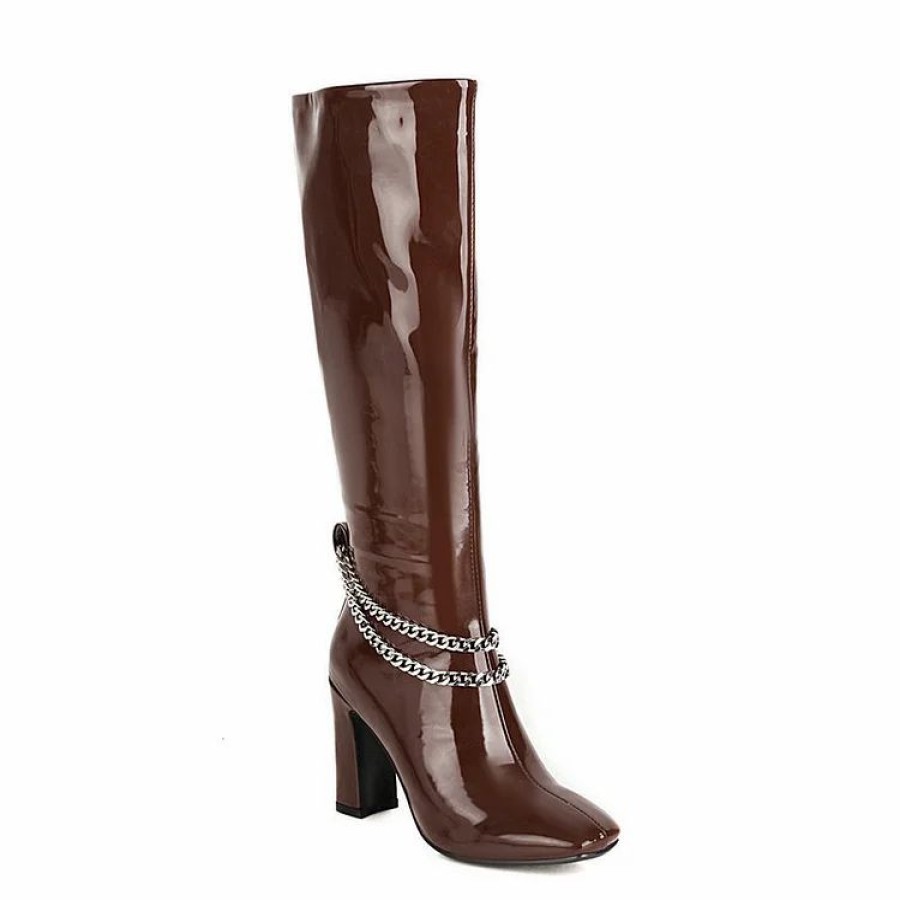 * Statement Square Toe Laye Chain Chunky Heel Knee High Boots | Boots