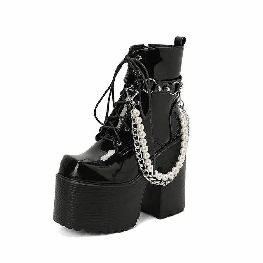 * Square Toe Detachable Pearls & Chain Decoration Fleece Platform Boots | Boots