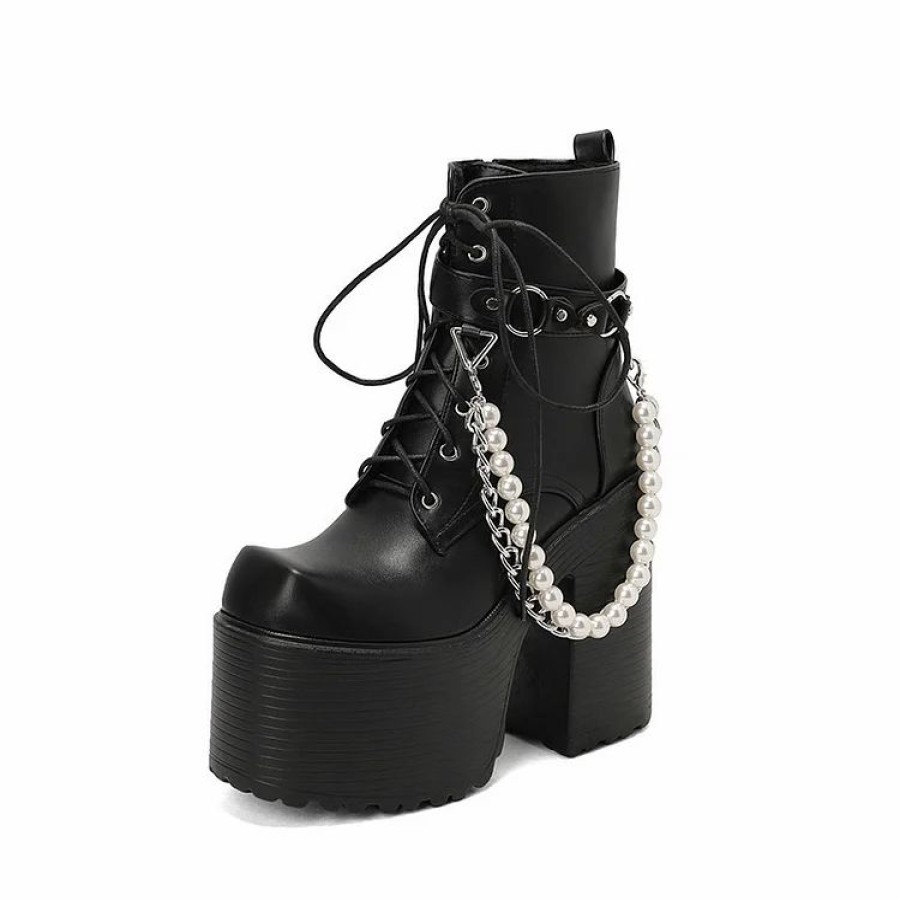 * Square Toe Detachable Pearls & Chain Decoration Fleece Platform Boots | Boots