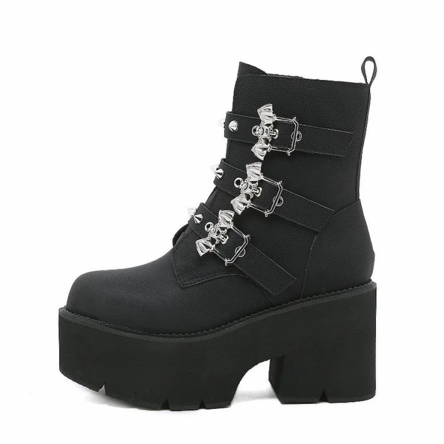 * Gothic Girl Platform Rivets Bat Buckle Straps Ankle Boots | Boots