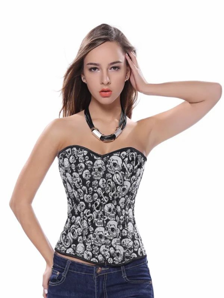 * Dark Skull Printed Back Lace Up Buttoned Color Block Corset | Corsets & Lingeries