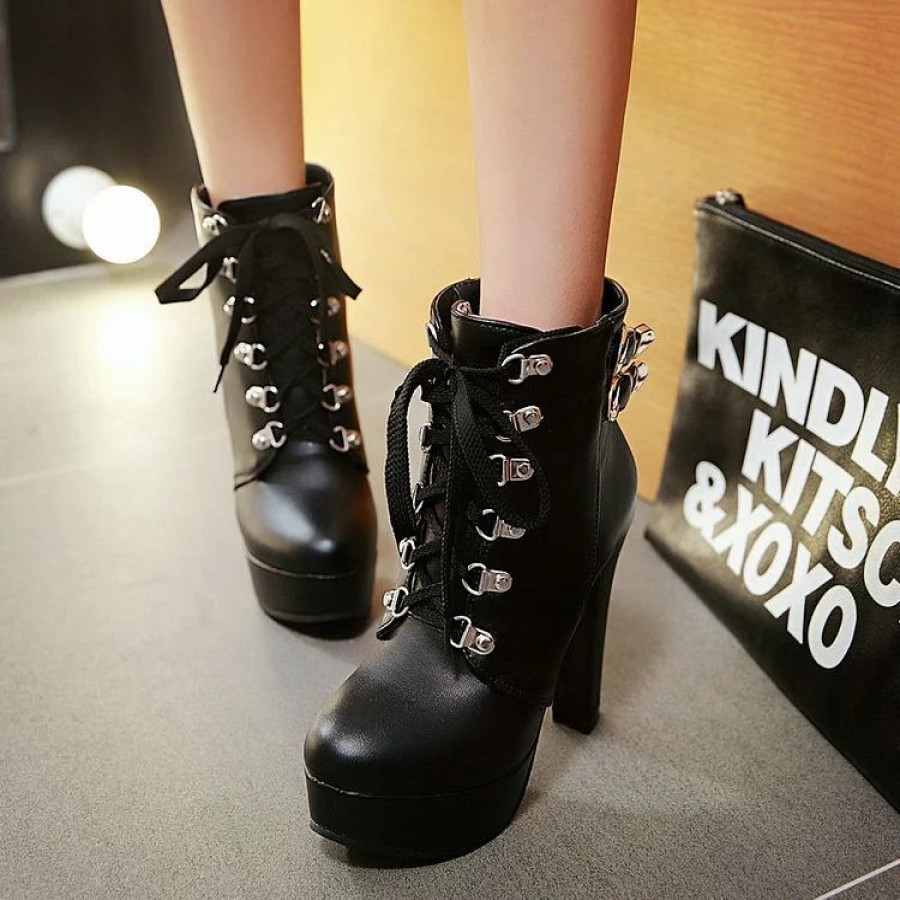 * Trendy Solid Color Lace Up Buckles Pointed Toe Platform Boots | Boots