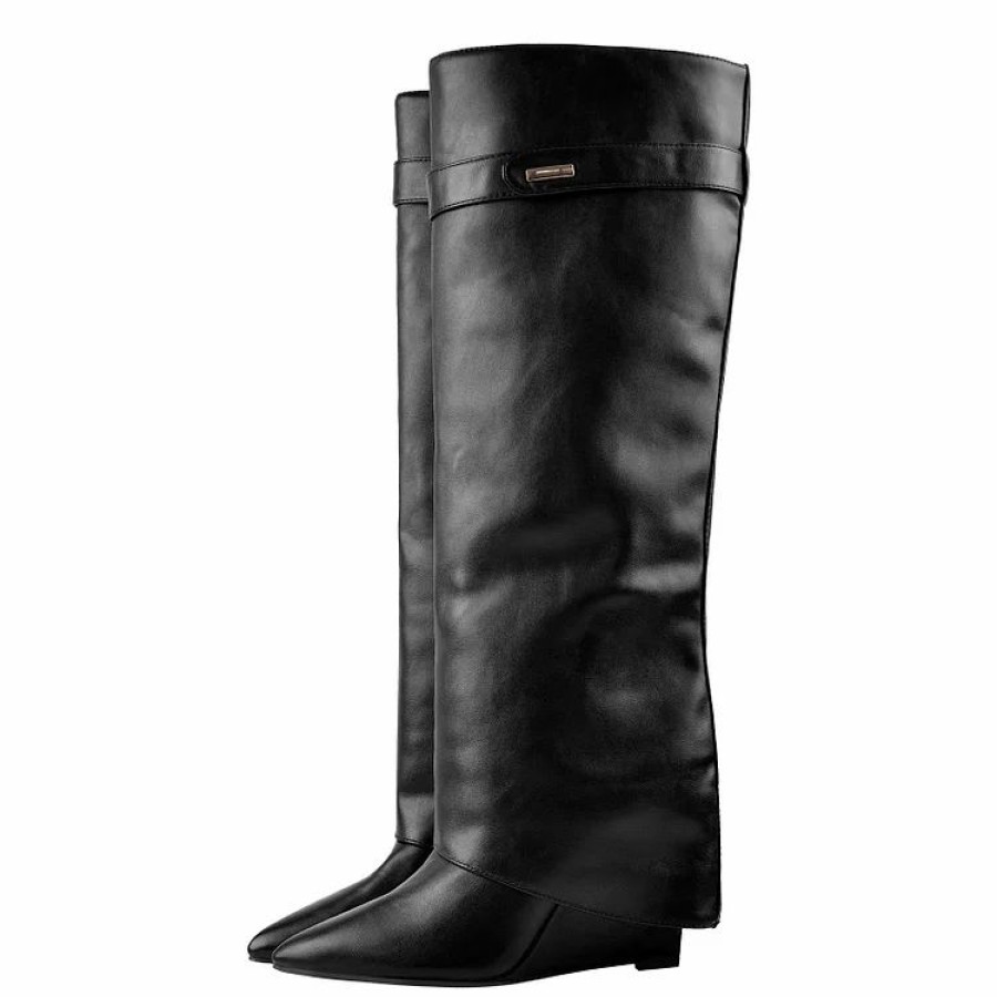 * Pointed Toe High Heel Wedge Cover Up Fold Over Knee High Boots | Boots