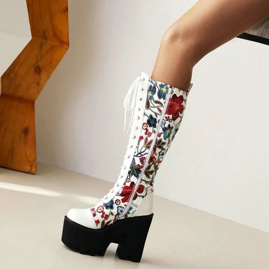 * Trendy Floral Embroidered Paneled Round Toe Chunky Heel Fleeced Platform Boots | Boots