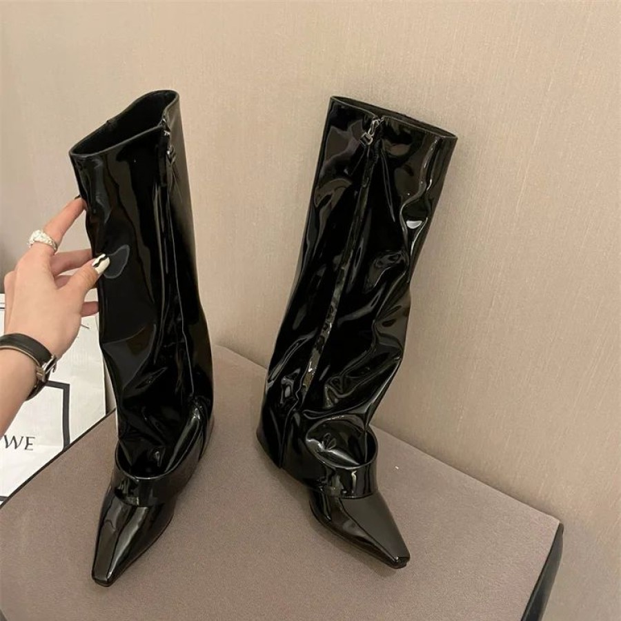 * Pointed Toe High Heel Wedge Cover Up Fold Side Zipper Over Knee High Boots | Boots