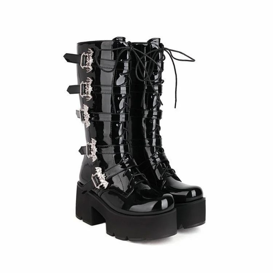 * Punk Style Industrial Platform Multiple Buckle Adjustable Belt Patent Leather Martin Boots | Boots