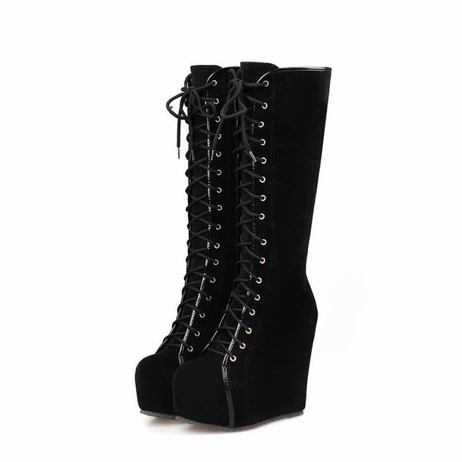 * Lace Up Color Block Zipper Platform Wedges Boots | Boots