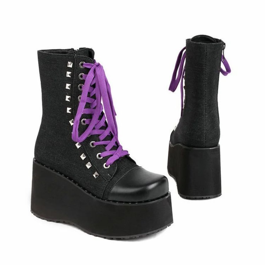 * Rivets Lace Up Monoblock Wedge Boots | Boots