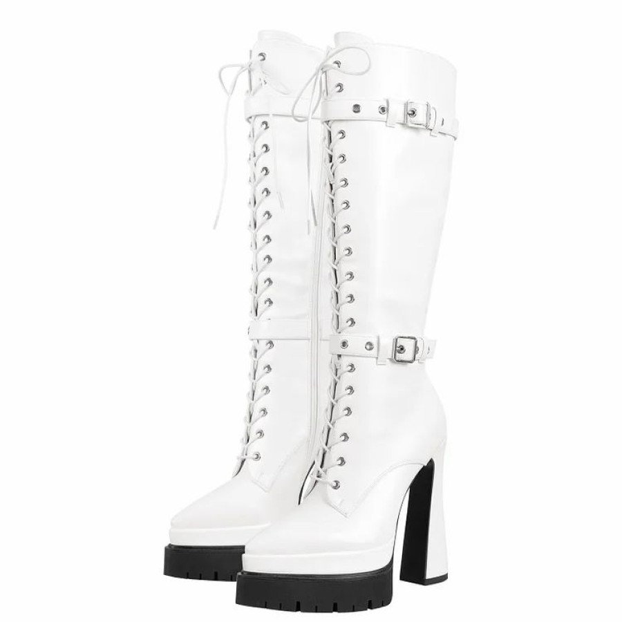 * Mature Pointed Toe Platform Buckle Straps Lace Up Knee High Boots | Boots