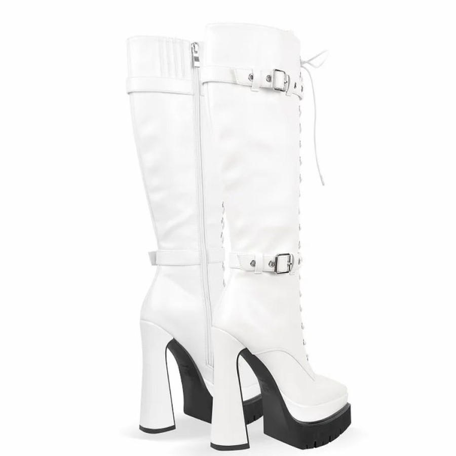 * Mature Pointed Toe Platform Buckle Straps Lace Up Knee High Boots | Boots